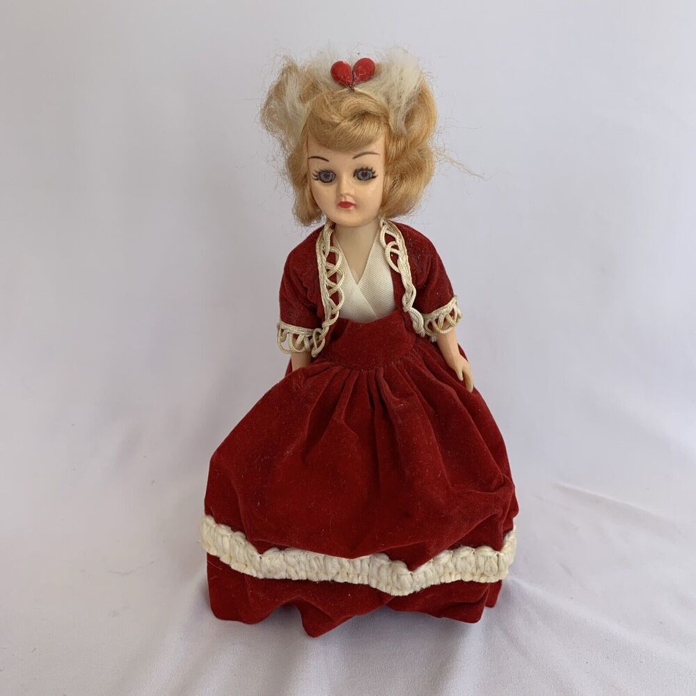 Vintage Hard‎ Plastic 7.5" Composition Doll Sleep Eyes Blonde Red Velvet Gown
